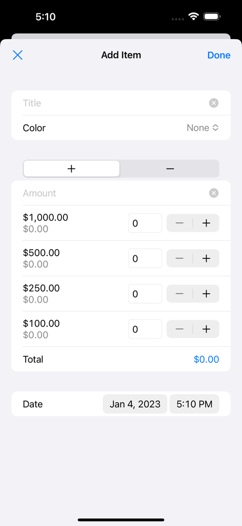 A screenshot of the Add Item screen in the Piggy Bank Widget app for manual entry of savings amounts and goals