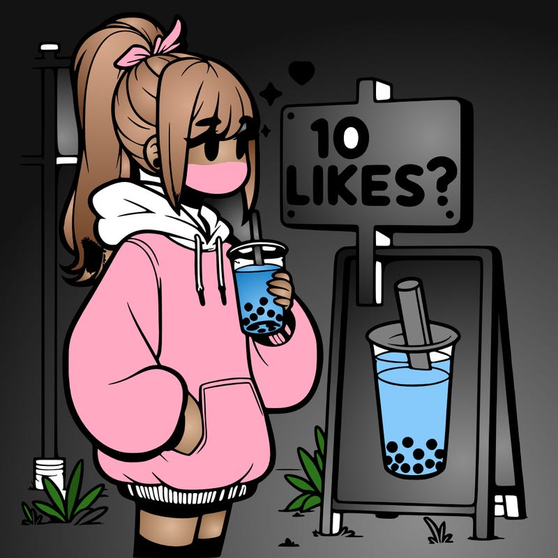 girl with oversized hoodie drinking boba and she has a high ponytail with a sign that says 10likes?