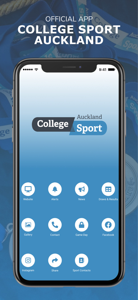 Home screen of the College Sport Auckland app showing icons for news, alerts, results, and gallery
