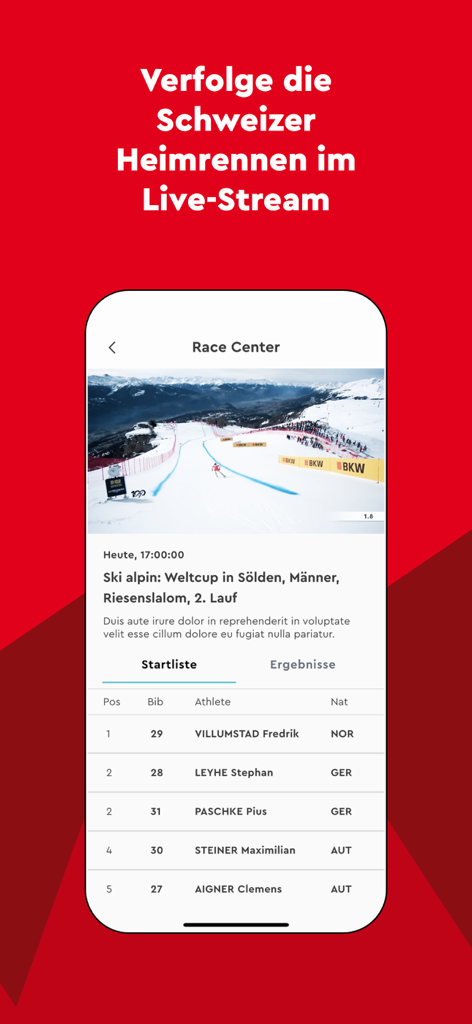 Oberfläche der Swiss-Ski-App, die einen Live-Stream von alpinen Skirennen mit einer Rangliste im Race Center und einer Startliste zeigt.