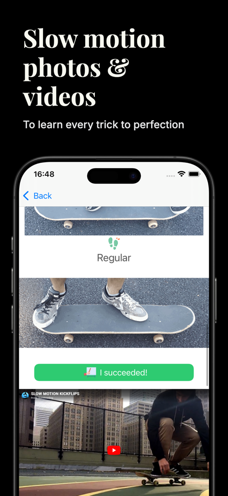 Interfaz de la aplicación de skateboarding que muestra video en cámara lenta y guía de colocación de pies para aprender trucos