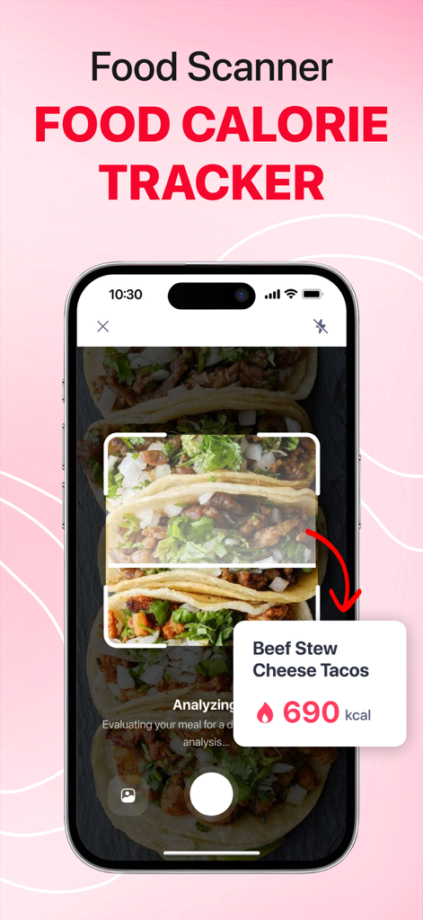 A smartphone using the iCardiac app to scan a plate of tacos and display calorie information