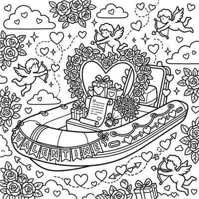 Embark on a charming coloring journey with this delightful Valentine's Day lifeboat scene. Featuring romantic decorations, cupids, and roses, it's a perfect blend of adventure and affection for you to color.