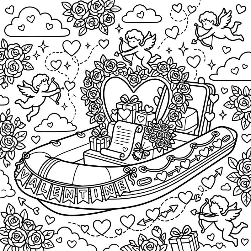 Embark on a charming coloring journey with this delightful Valentine's Day lifeboat scene. Featuring romantic decorations, cupids, and roses, it's a perfect blend of adventure and affection for you to color.