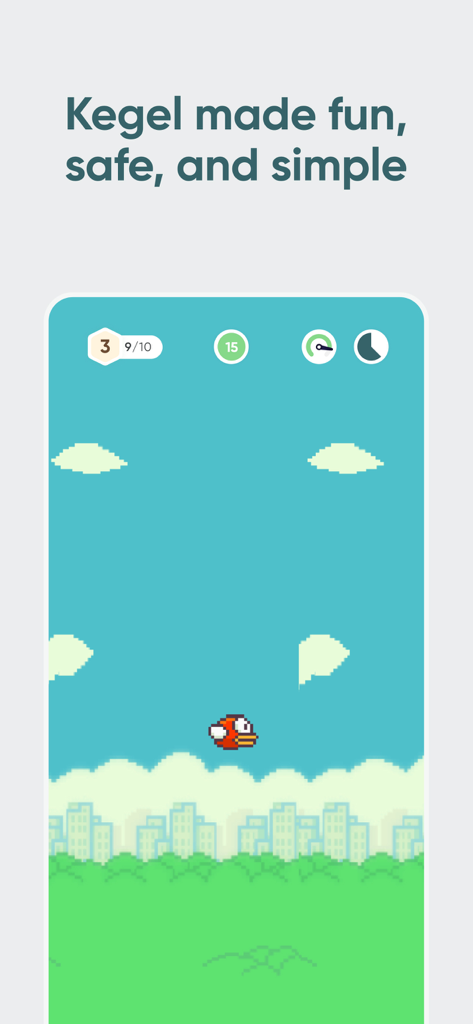 Perifit Care App-Screenshot, der ein spielerisches Beckenbodentraining mit einem Vogel-Spiel zeigt.
