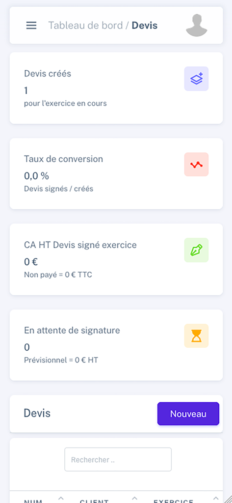 CRM Lucy - Dashboard of the CRM Lucy app showing business estimates statistics and conversion rates
