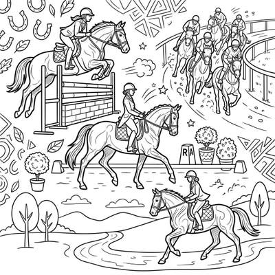 Saddle up for an exciting coloring journey with our Equestrian Athletes template, showcasing the grace and power of horses in various disciplines. From thrilling jumps to elegant dressage and exhilarating races, this page captures the spirit of equestrian sports for you to bring to life with color.