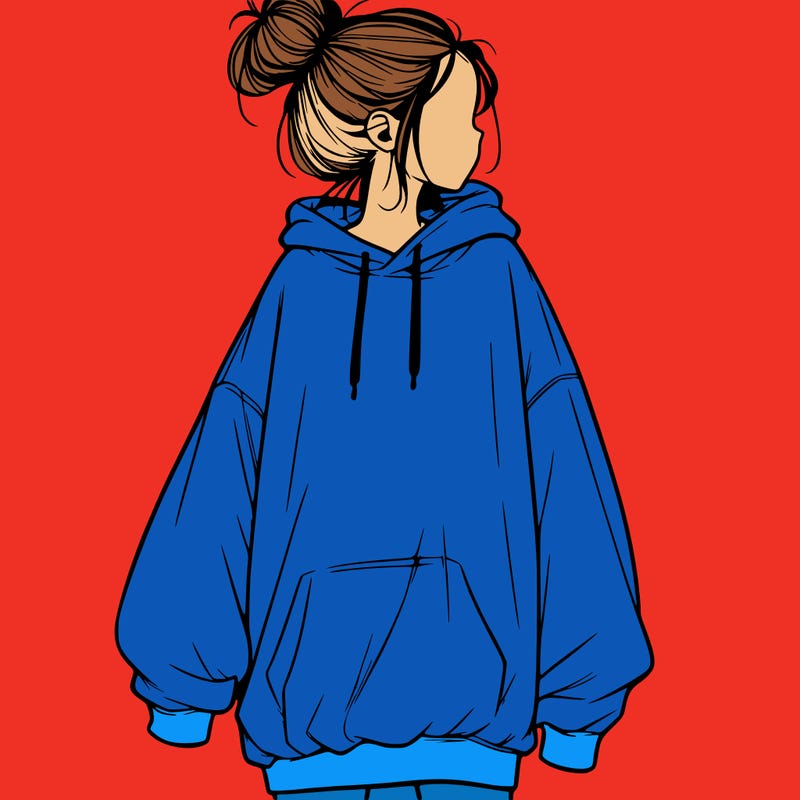 realistic girl with a oversized sweatshirt on and a bun