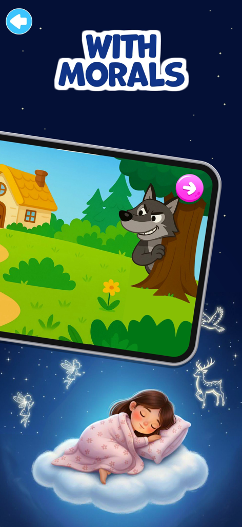 Oberfläche der Gute-Nacht-Geschichten-App, die eine moralische Geschichte über einen Wolf und ein junges Mädchen zeigt, das friedlich auf einer Wolke schläft
