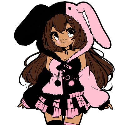 pretty anime girl wearing a fluffy hoodie with bunny ears on the hood and a skirt