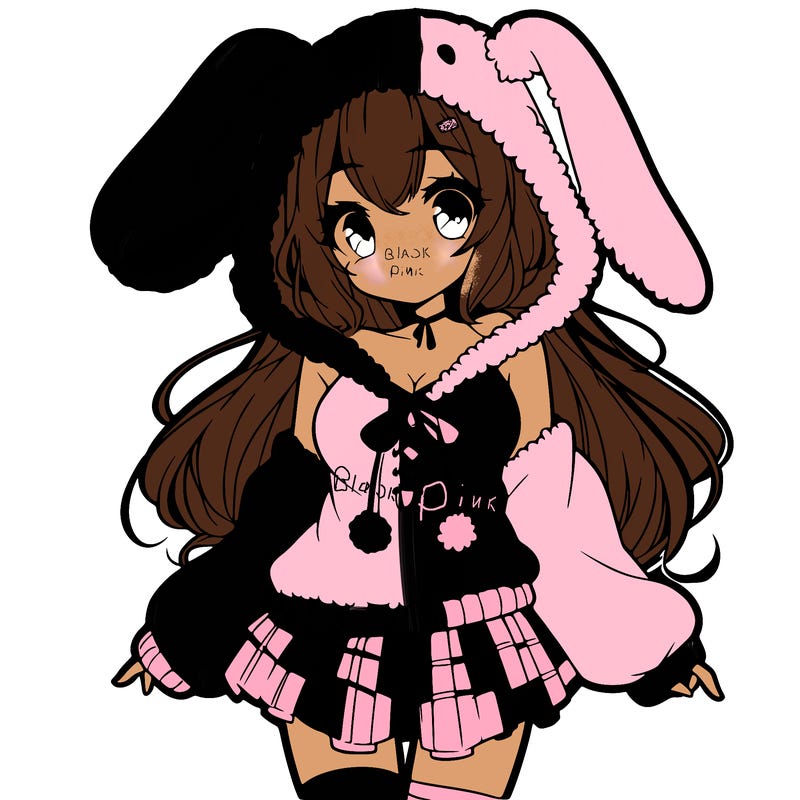 pretty anime girl wearing a fluffy hoodie with bunny ears on the hood and a skirt