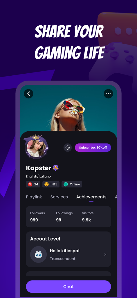 E-Pal: Your Kind Teammates - Mobile app screen showing a gamer profile with personality tags and social stats under the heading Share Your Gaming Life.