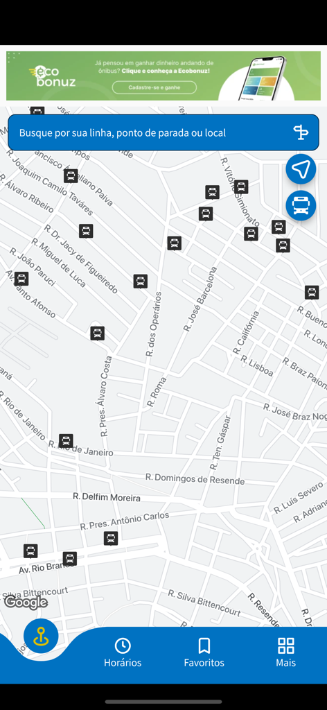 Viação Real - Interface de l'application Viacao Real montrant une carte de la ville avec des icônes d'arrêts de bus et une barre de recherche pour les itinéraires de transport à Varginha