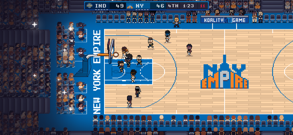 Hoop Land - Juego de baloncesto retro de pixel art que muestra un partido en la cancha New York Empire en Hoop Land