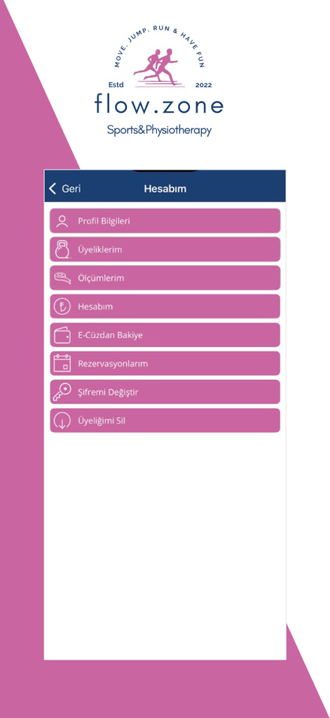 Flow Zone - Menú de configuración de cuenta de usuario en la aplicación de gestión de estudios Flow Zone que muestra opciones de membresía y perfil