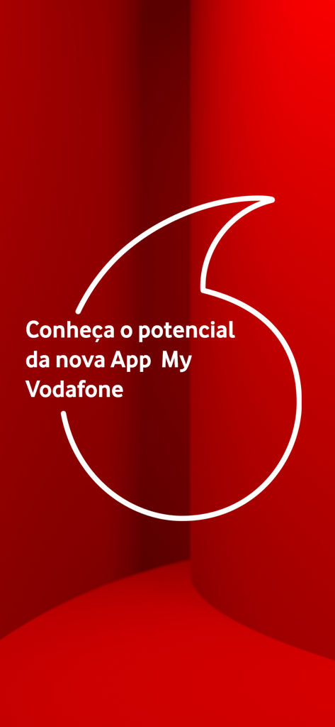 Pantalla de introducción de la aplicación My Vodafone Portugal con el logotipo de la empresa y texto sobre un fondo rojo.