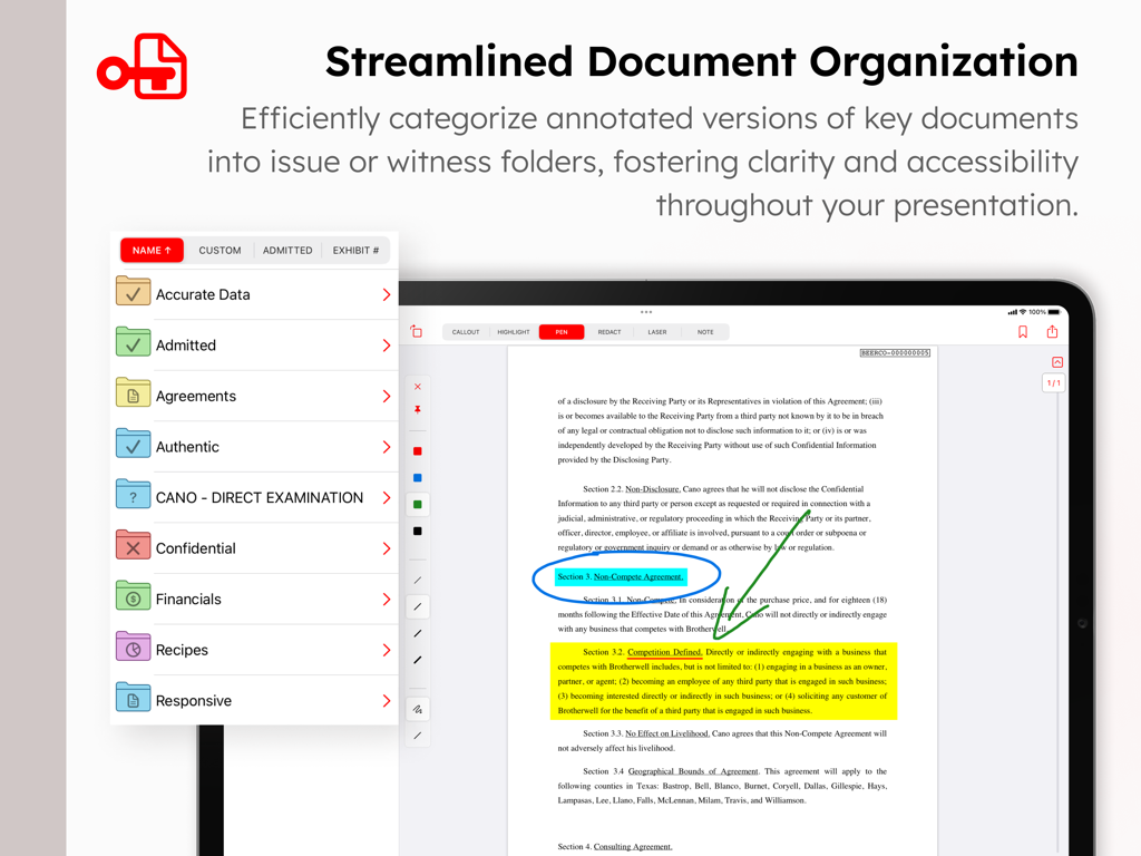 Aplicación TrialPad en iPad mostrando la organización de documentos en carpetas y un contrato legal anotado con resaltados y llamadas de atención.