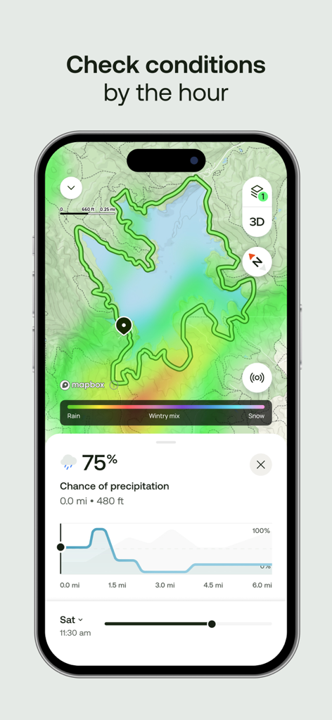 AllTrails app interface showing hourly weather conditions and precipitation forecast on a topographical trail map.
