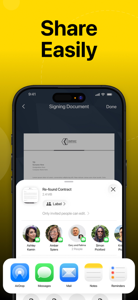 eSignature: Signature Scanner - Interfaz de iPhone mostrando opciones sencillas para compartir un contrato firmado a través de AirDrop, Mensajes y Correo.