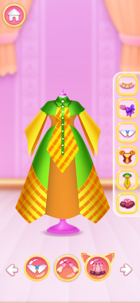 Digital dress design screen showing a green and orange patterned gown on a mannequin with accessory selection icons