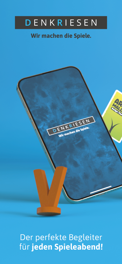 Teléfono inteligente mostrando el logo de la app Denkriesen como un compañero digital para noches de juegos de mesa