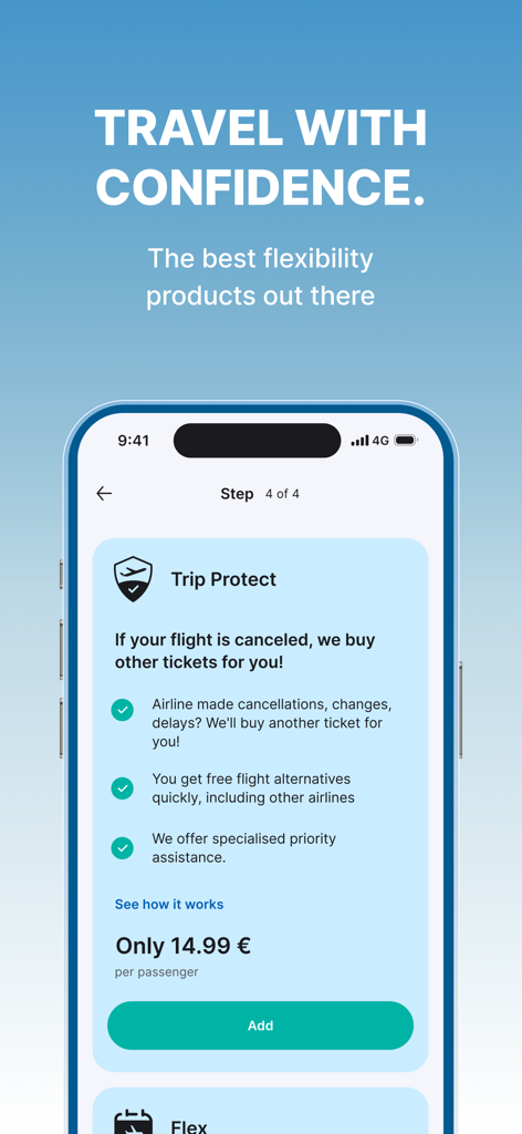 GoVola app interface showing Trip Protect flight insurance options.