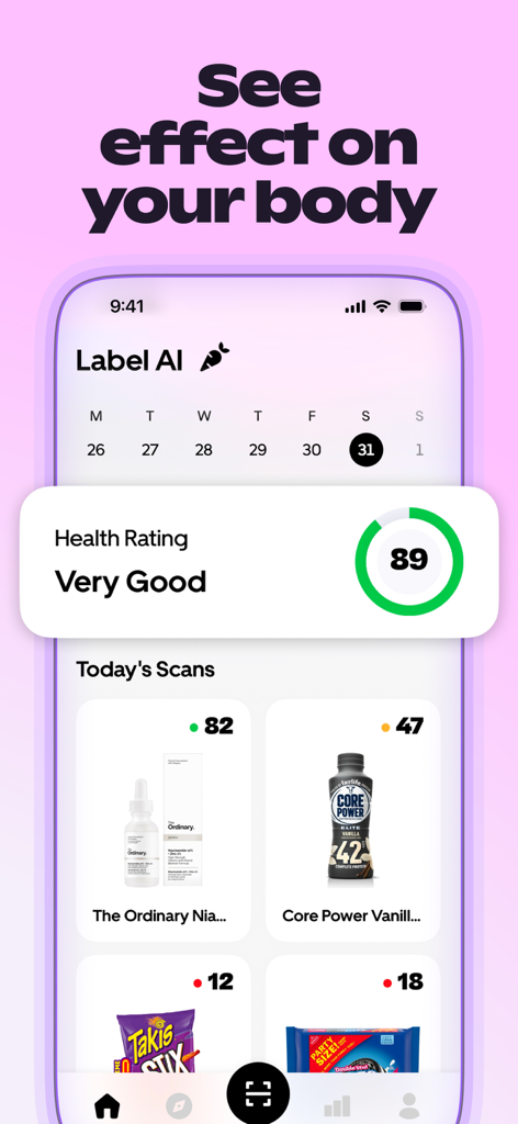 Label AI: Food & Cosmetic Scan - Mobile app screen showing health rating score and daily scan history for food and cosmetic products with color coded quality grades