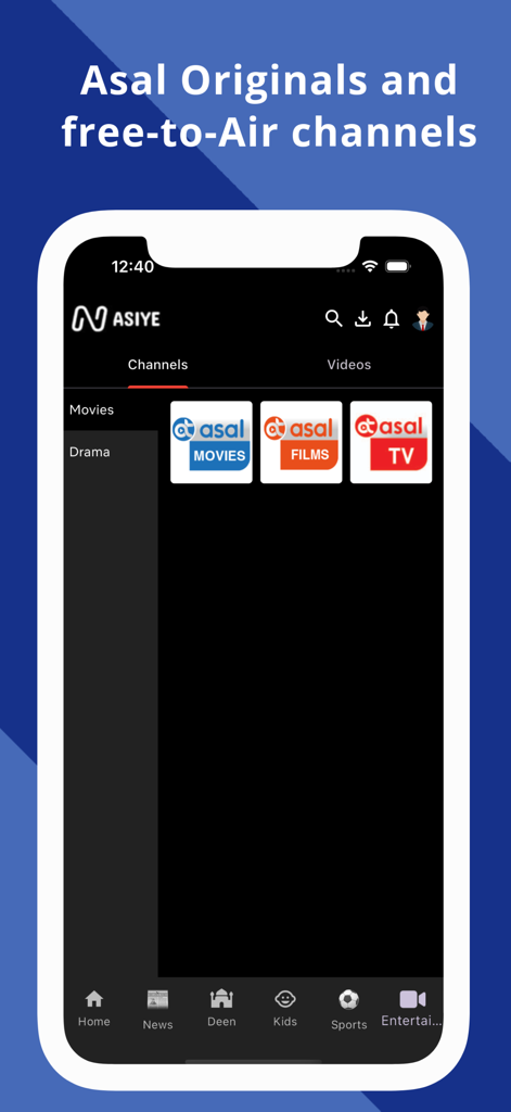 Nasiye mobile app interface showing Asal Originals and free to air channels like Asal Movies and Asal TV
