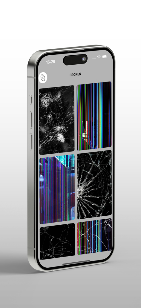Gallery of cracked and glitched screen wallpapers on an iPhone