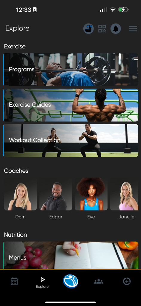 Planet Fitness Playアプリのエクスプローラー画面のインターフェース。エクササイズガイド、フィットネスコーチ、栄養メニューが表示されています。