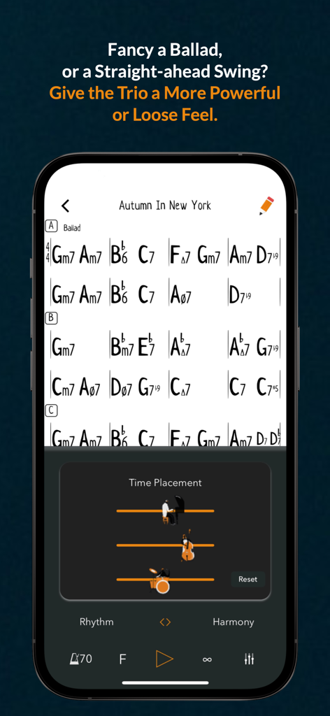 Genius Jamtracks - Interface showing a jazz chord chart for Autumn In New York with adjustable time placement for a piano bass and drums trio