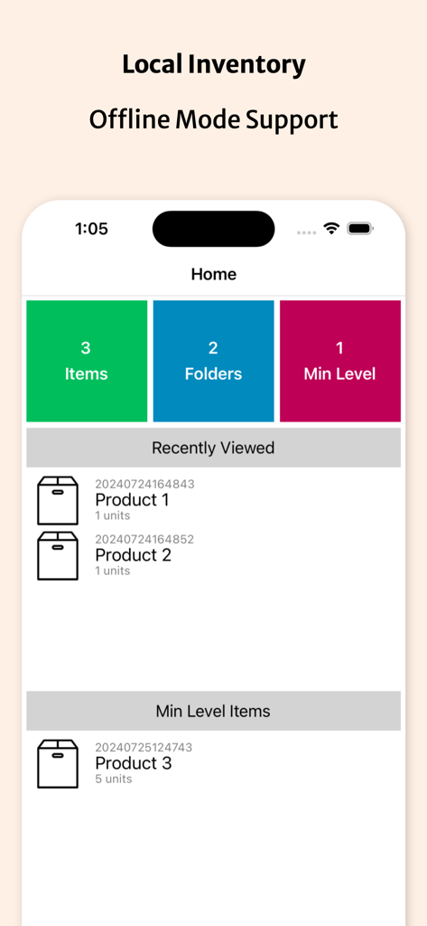 Inventory Organizer - Tracker - Local Inventory app dashboard showing offline mode support and categorized items