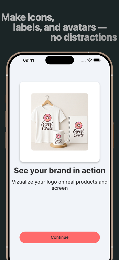 Kittl AI Studio — Logo Design - Un écran d'application mobile montrant un design de logo appliqué à un t-shirt, une tasse et un carnet pour visualiser la marque sur des produits réels.