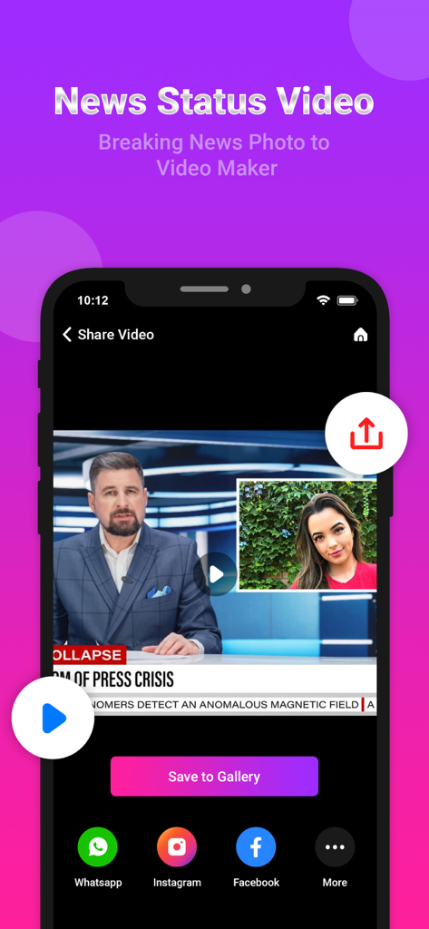 Breaking News Video Maker app interface showing social media sharing options and a custom news video preview