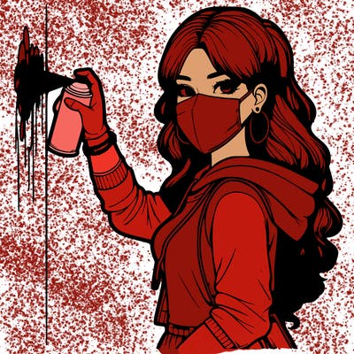 realistic girl with mask spray painting a wall