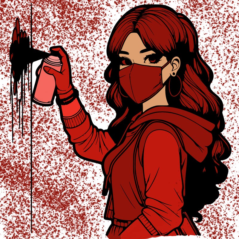 realistic girl with mask spray painting a wall