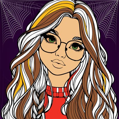 girl with long hair and freckles and glasses realistic