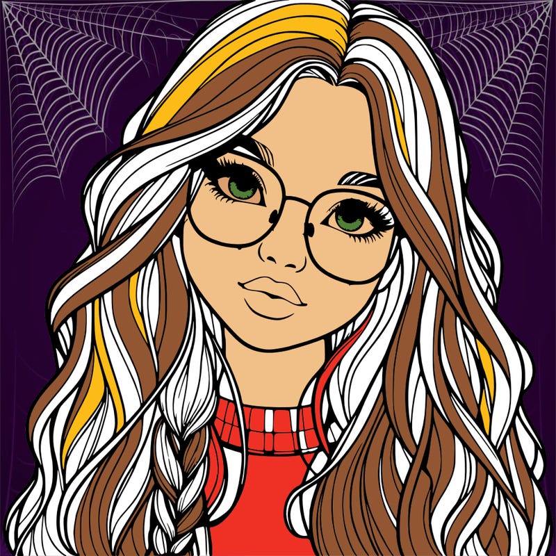 girl with long hair and freckles and glasses realistic