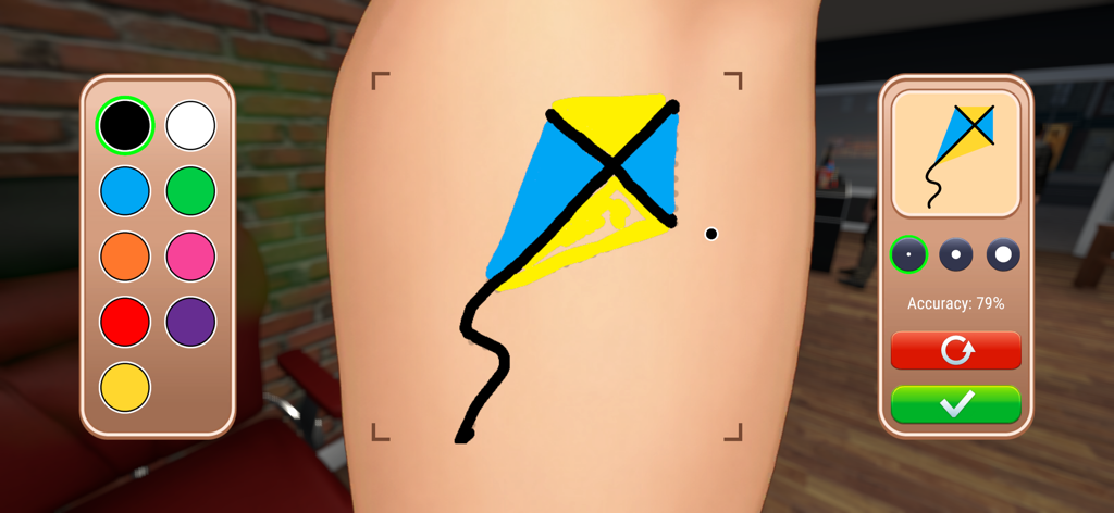 Pantalla de juego de Tattoo Studio Simulator que muestra el tatuaje de una cometa azul y amarilla con una interfaz para la selección de color y el seguimiento de la precisión.