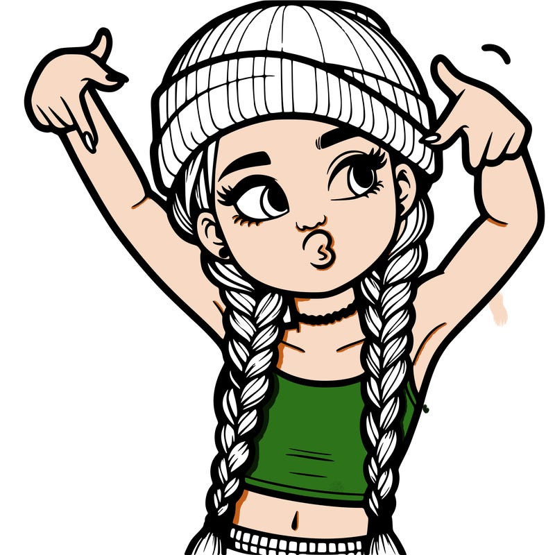 realistic teenage girl with braids and a beanie and crop top doing 🫶🏼