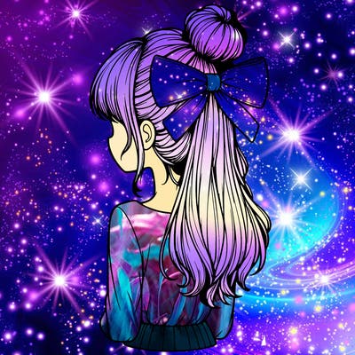 realistic girl  with hip length hair a bun and a big bow on the back of head