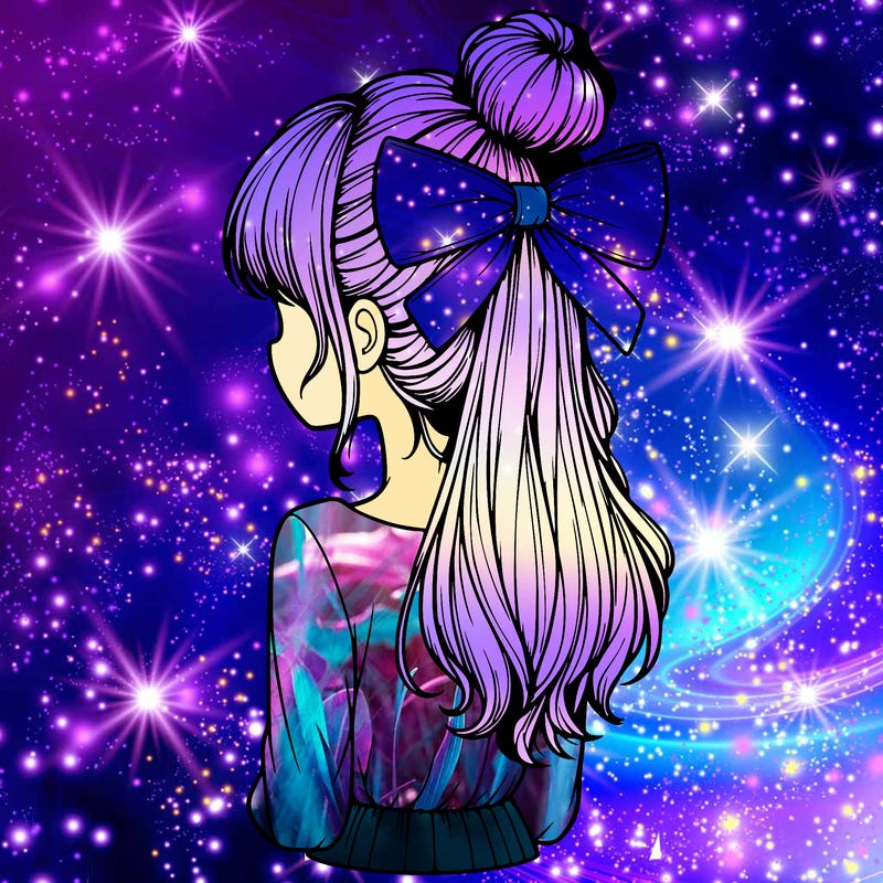 realistic girl  with hip length hair a bun and a big bow on the back of head