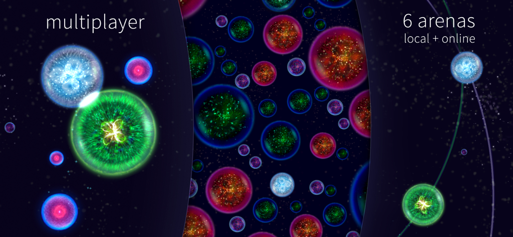 Osmos for iPad - Osmos for iPad multiplayer screen showing colorful glowing motes in a dark space-like arena.