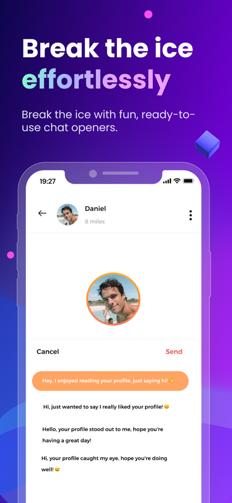 Cougar Dating: Age Gap Love - Oberfläche der Cougarly-Dating-App, die vorgefertigte Chat-Opener für die Nachrichtenübermittlung eines Matches zeigt