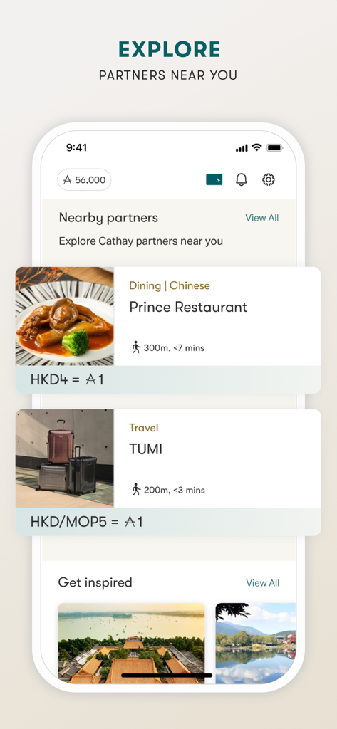 Asia Miles - Mobile screen of Asia Miles app displaying nearby lifestyle partners like restaurants and travel shops