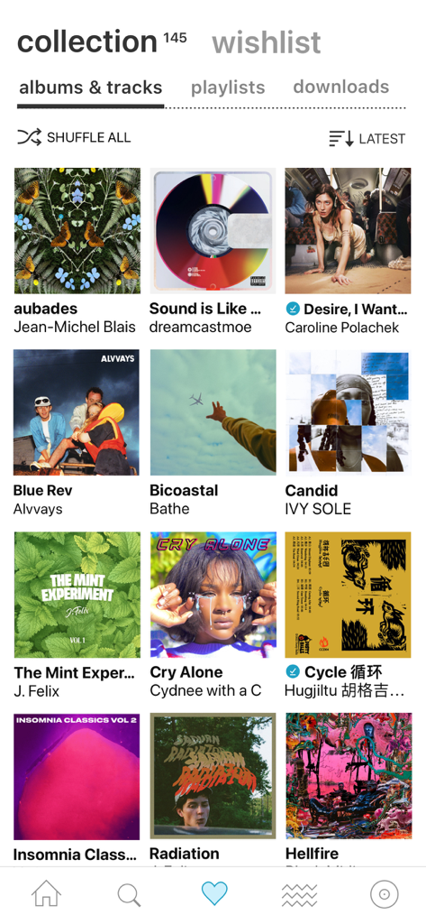 Écran de collection de l'application Bandcamp affichant une grille d'albums et de morceaux de musique