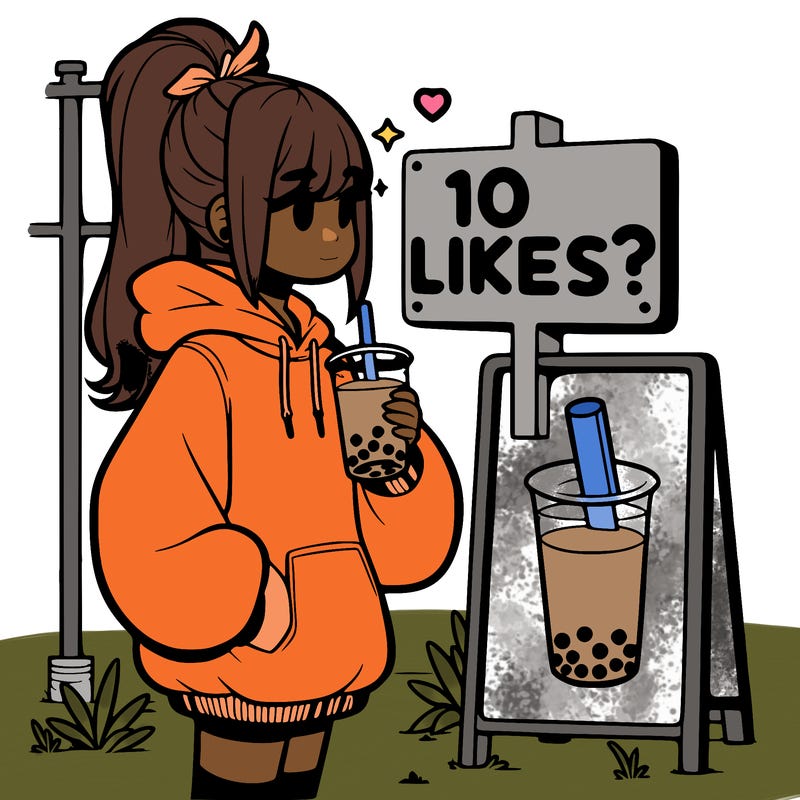 girl with oversized hoodie drinking boba and she has a high ponytail with a sign that says 10likes?