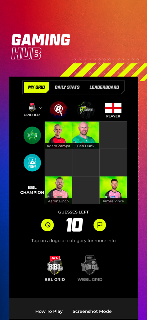 Pantalla del Centro de Juegos de la aplicación Big Bash que muestra un juego de cuadrícula de jugadores de críquet