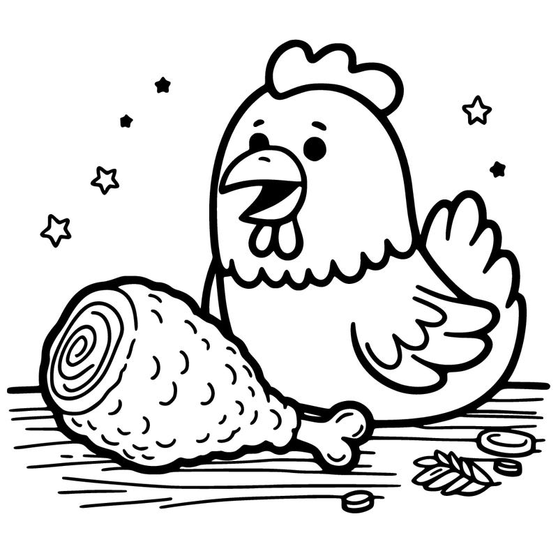 a chicken eating a piece of chicken