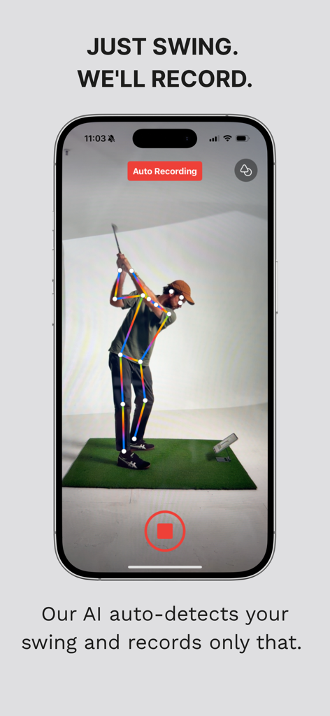 Golf swing analysis using AI skeletal tracking and automatic recording in Mirror Vision app